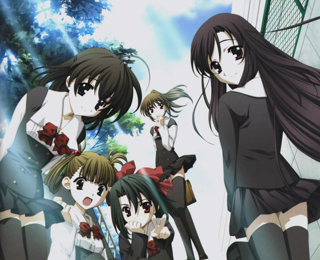 Anime girls group building trees free wallpaper for desktop - medium preview image