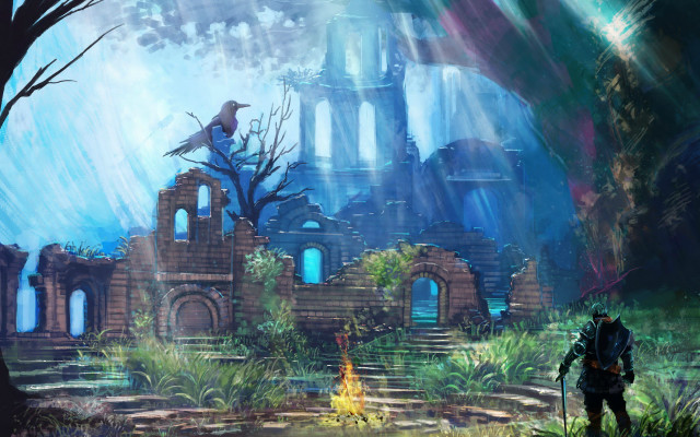 Man fantasy building forest bird free wallpaper for desktop - medium preview image