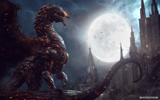 Godzilla fullmoon fantasy cityscape dragon free wallpaper for desktop - medium preview image