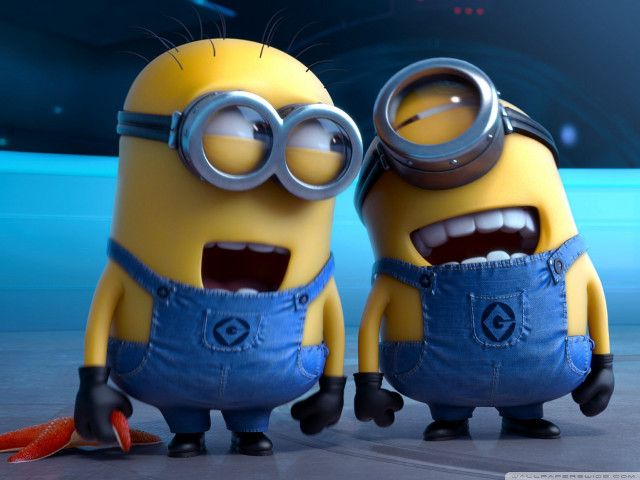 Minions blue background posing friends free wallpaper for desktop - medium preview image