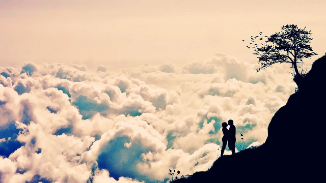 Person mountain top clouds tree free wallpaper for desktop - medium preview image