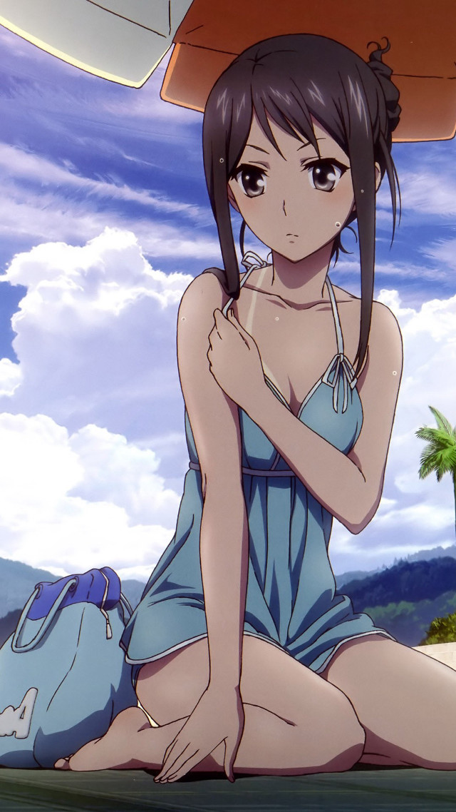 Woman sitting ground umbrella blue free wallpaper for mobile - medium preview image