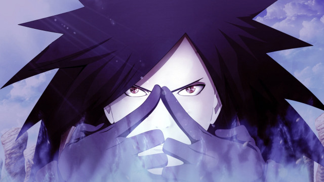 Anime blackhair blueeyes purpleclouds closeup free wallpaper for desktop - medium preview image