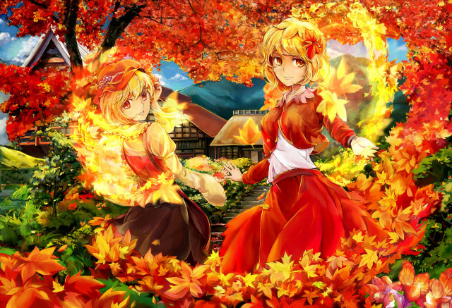 Anime girls field leaves flowers free wallpaper for desktop - medium preview image