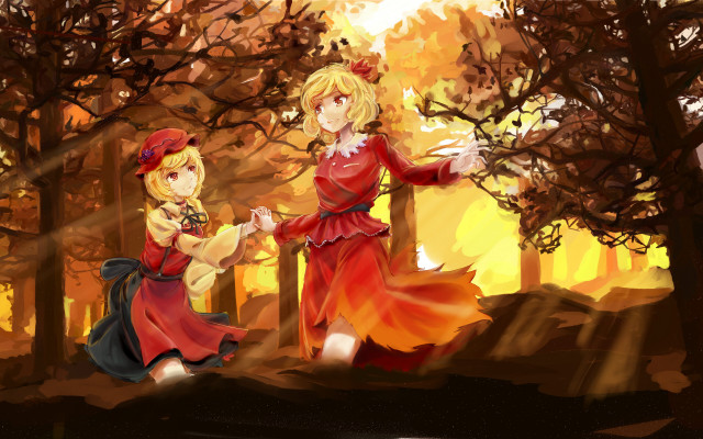 Anime characters forest trees fire free wallpaper for desktop - medium preview image