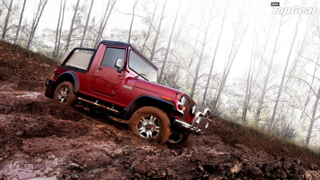 Red jeep muddy hill woods free wallpaper for desktop - medium preview image