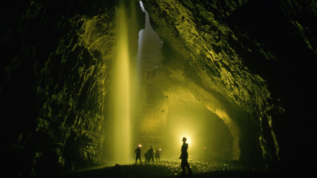 Cave people waterfall light ceiling free wallpaper for desktop - medium preview image