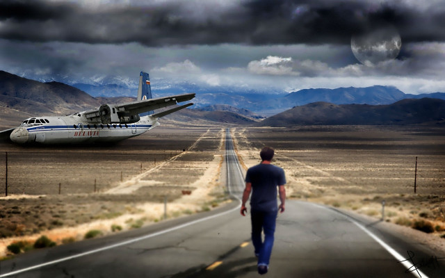 Man walking road plane runway free wallpaper for desktop - medium preview image
