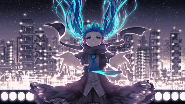 Woman blue hair dress cityscape free wallpaper for desktop - medium preview image