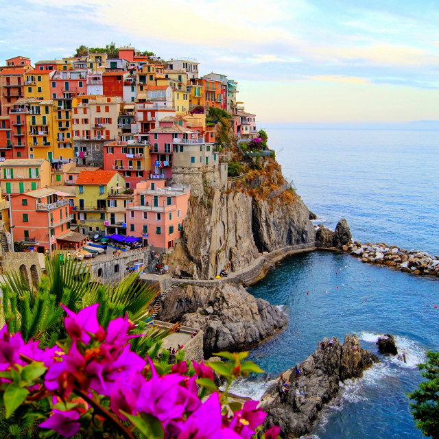 Colorful village cliff ocean purple free wallpaper for tablet - medium preview image