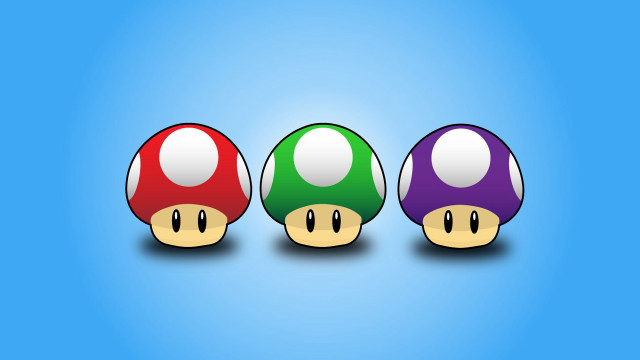 Three colored mushrooms blue background free wallpaper for desktop - medium preview image