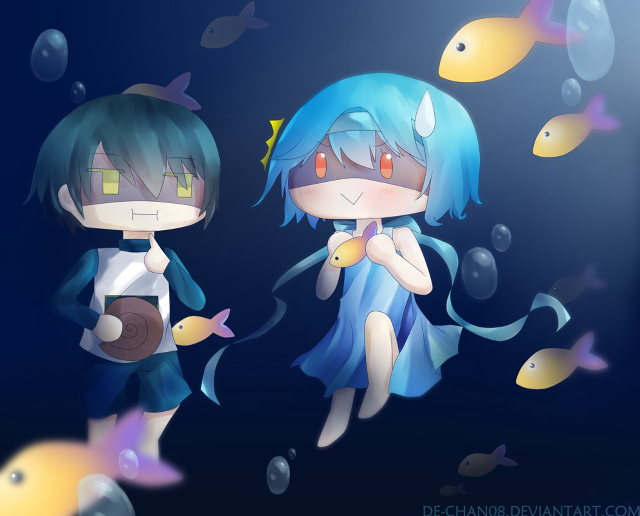 Anime characters standing water fish free wallpaper for desktop - medium preview image