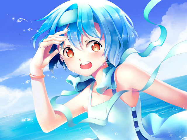 Girl blue hair ocean hands free wallpaper for desktop - medium preview image