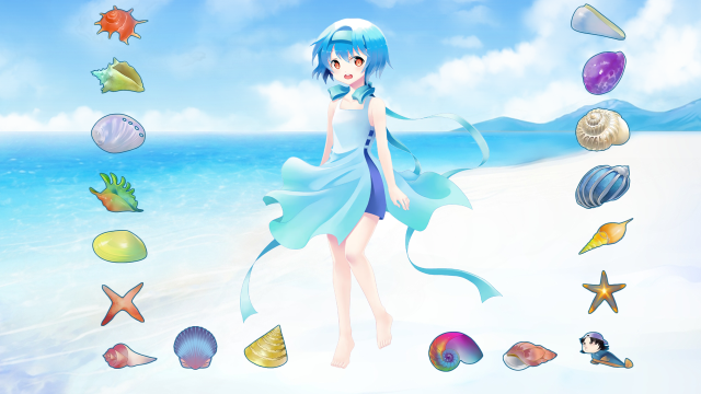 Girl blue dress beach shells free wallpaper for desktop - medium preview image