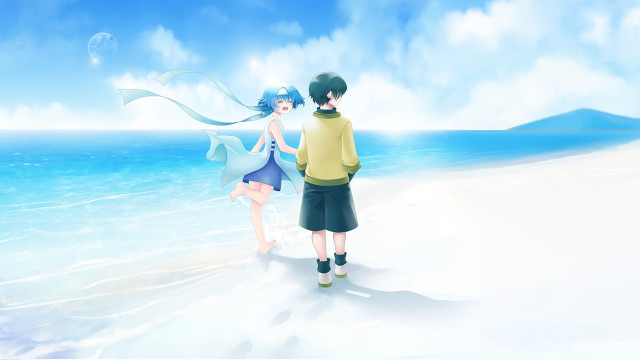 Man woman beach ocean kite free wallpaper for desktop - medium preview image