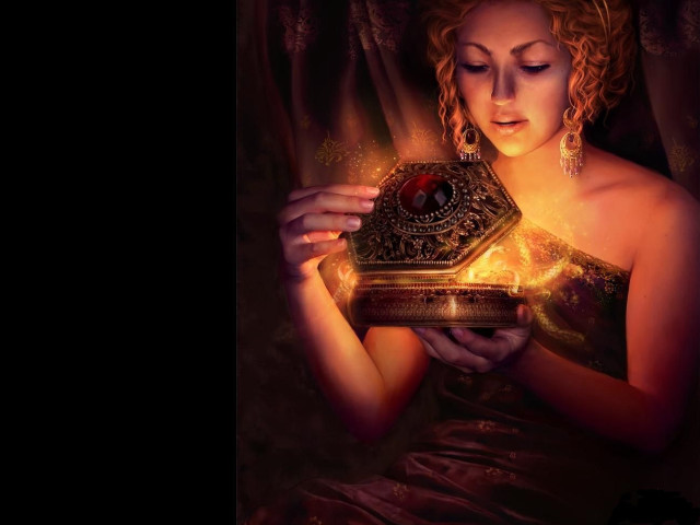 Woman holding golden box red free wallpaper for desktop - medium preview image