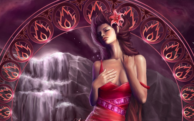 Woman red dress waterfall pink free wallpaper for desktop - medium preview image