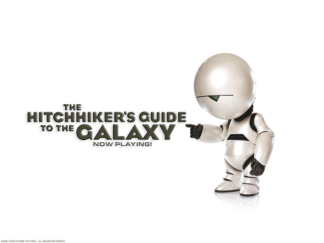 White robot pointing hitchhikers guide free wallpaper for desktop - medium preview image