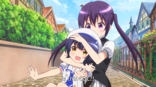 Anime couple street buildings trees free wallpaper for desktop - medium preview image