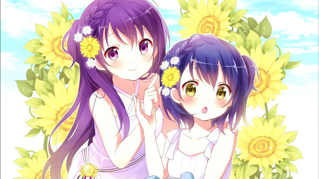 Girls sunflowers sky clouds summer free wallpaper for desktop - medium preview image