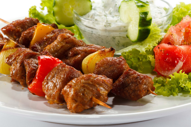 Meat skewers salad dip bowl free wallpaper for desktop - medium preview image