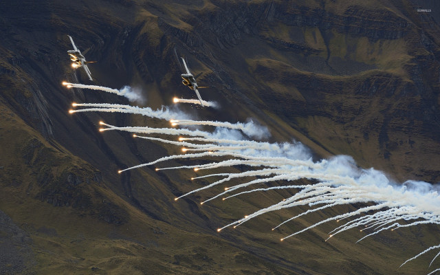 Planes formation smoke sky mountain free wallpaper for desktop - medium preview image