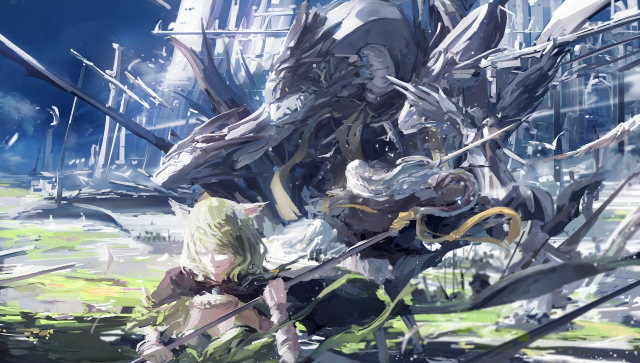 Woman sword dragon field grass free wallpaper for desktop - medium preview image