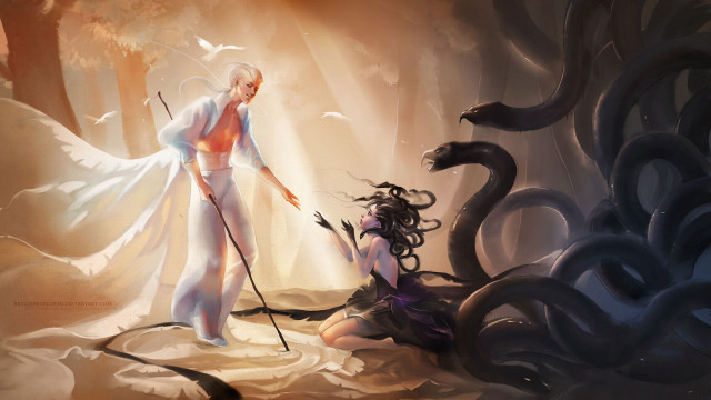 Woman spear snake forest man free wallpaper for desktop - medium preview image