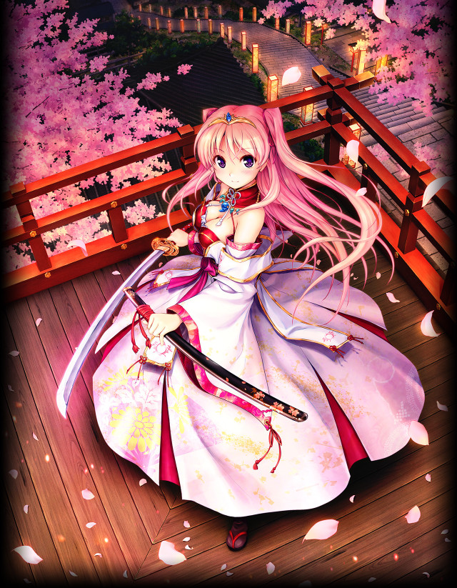 Woman sword cherryblossoms anime portrait free wallpaper for mobile - medium preview image
