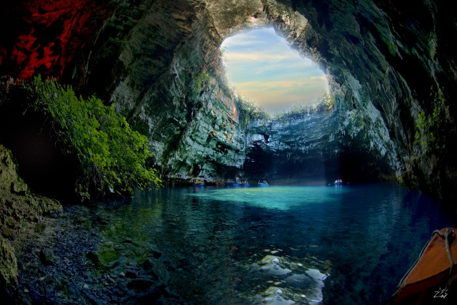 Boat water cave blue pool free wallpaper for desktop - medium preview image