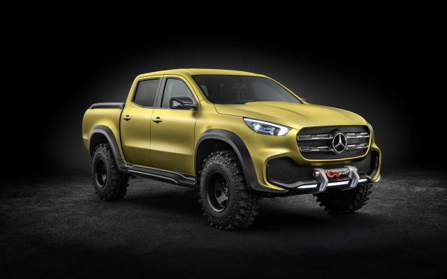 Yellow mercedes truck dark room free wallpaper for desktop - medium preview image