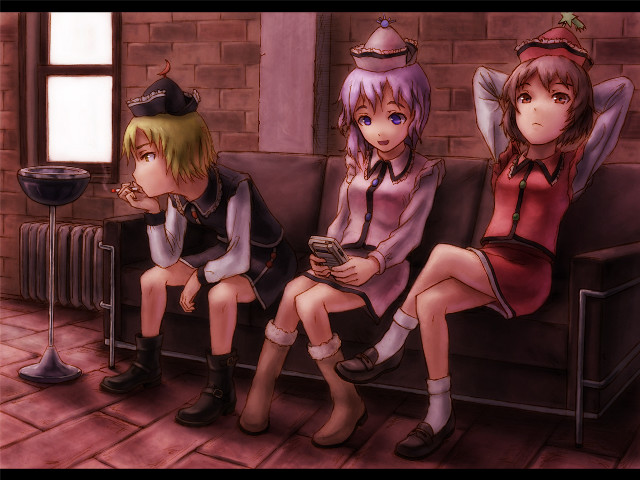 Anime characters couch brick wall free wallpaper for desktop - medium preview image