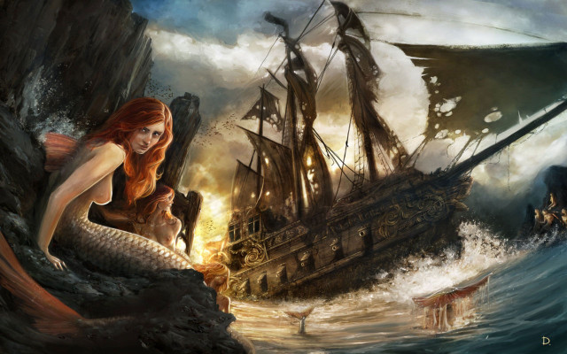Mermaid rock ship ocean man free wallpaper for desktop - medium preview image
