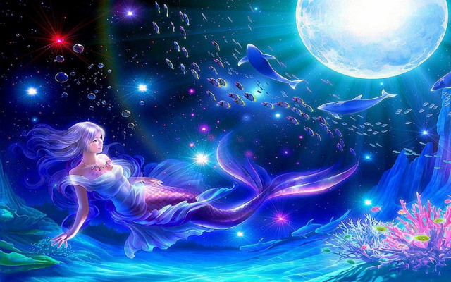 Mermaid floating full moon stars free wallpaper for desktop - medium preview image