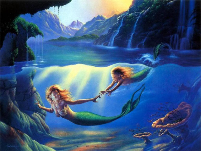 Mermaids swimming ocean together painting free wallpaper for desktop - medium preview image