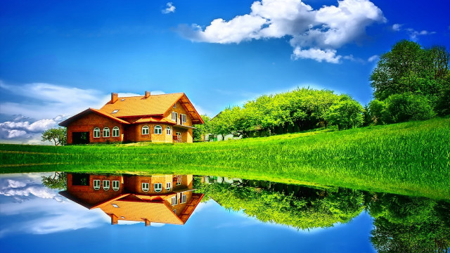House reflection lake green field #8 free wallpaper for desktop - medium preview image