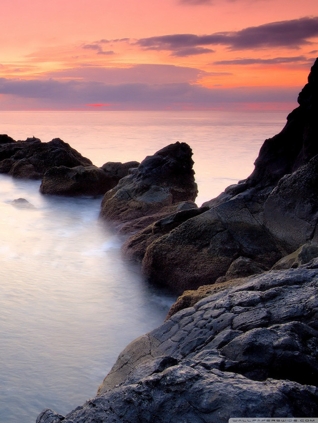 Rocky shore sunset pink sky #2 free wallpaper for mobile - medium preview image
