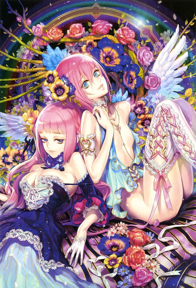 Anime girls bed flowers butterfly free wallpaper for mobile - medium preview image