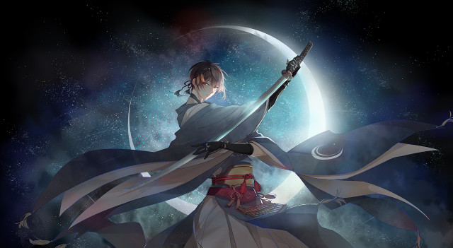 Woman sword moon stars crescent free wallpaper for desktop - medium preview image