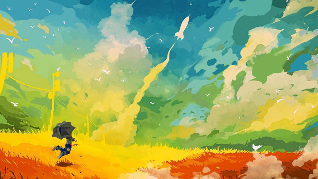 Rainy field umbrella autumn sunset free wallpaper for desktop - medium preview image