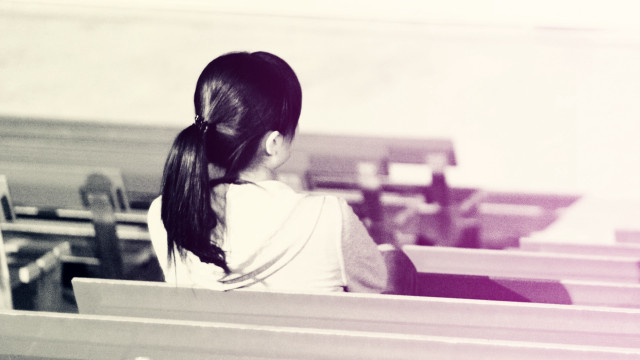 Girl sitting pew church window free wallpaper for desktop - medium preview image