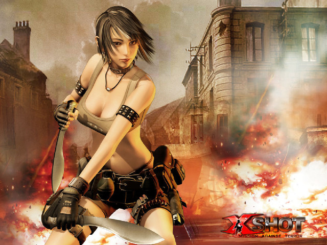 Woman bikini knife fire buildings free wallpaper for desktop - medium preview image