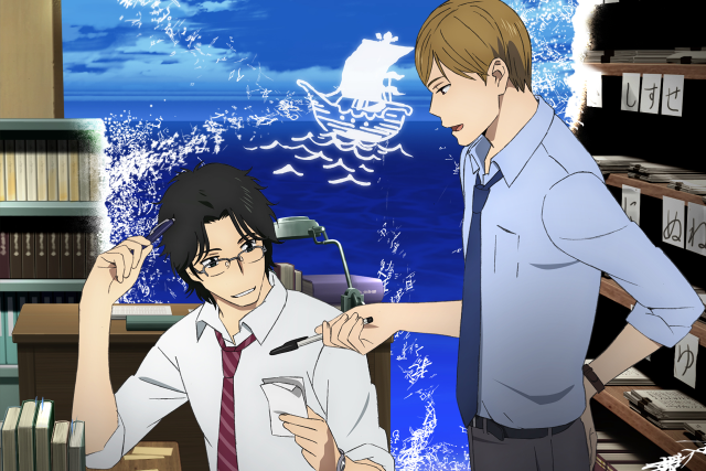 Two people bookshelf ship man free wallpaper for desktop - medium preview image