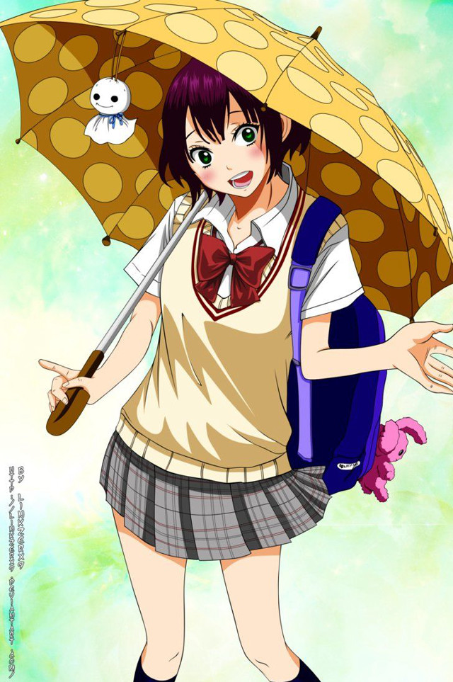 Girl backpack umbrella green background free wallpaper for mobile - medium preview image