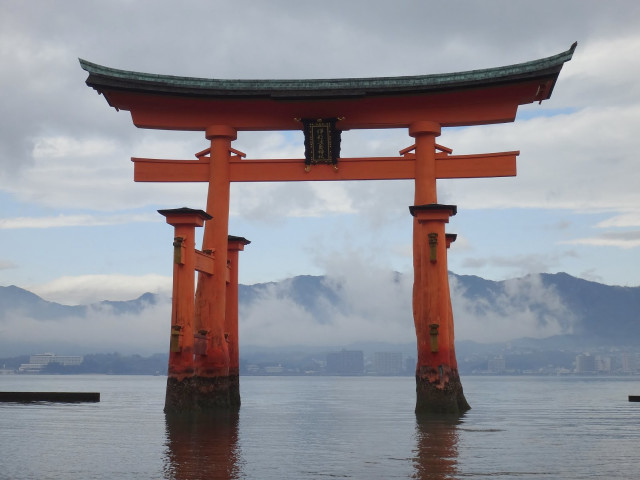 Large orange gate water mountains free wallpaper for desktop - medium preview image