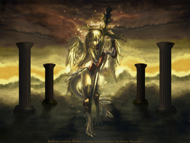 Woman sword clouds columns sky free wallpaper for desktop - medium preview image