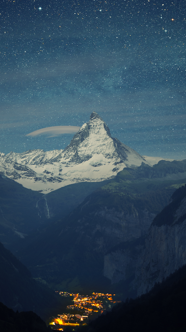 Mountain snow peak town night free wallpaper for mobile - medium preview image