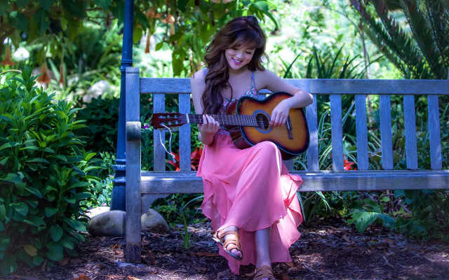 Woman pink dress guitar bench free wallpaper for desktop - medium preview image