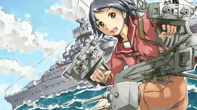 Woman red jacket gun battleship free wallpaper for desktop - medium preview image