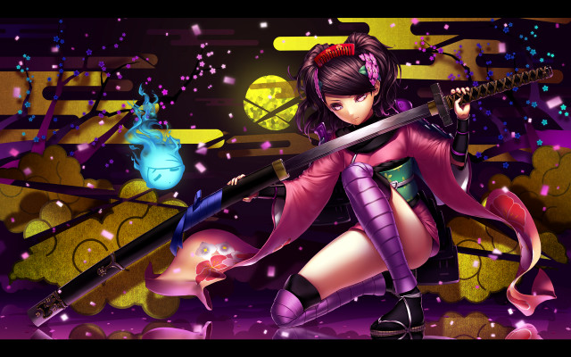 Woman sword demon purple background free wallpaper for desktop - medium preview image